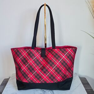 Lancome Red Black Tartan Scottish Plaid Nylon Medium Tote Shoulder Bag Preppy